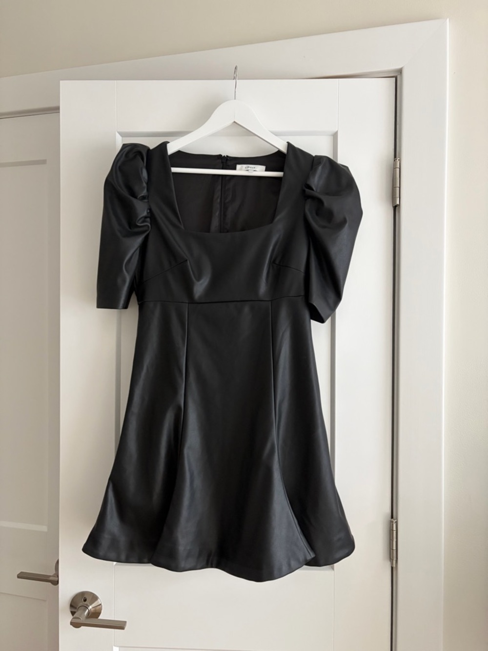 Likely Black Faux Leather Mini Dress with Puff Sleeves